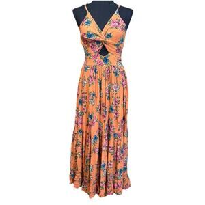 Angie Y2K Babydoll Floral Maxi Dress Small Smocked Tiered Cottagecore Gauzy